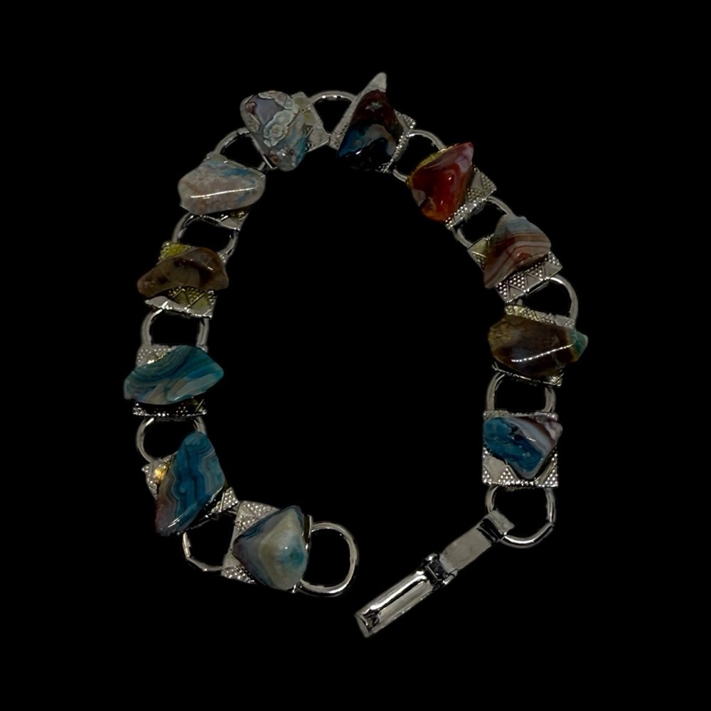 Vintage Scottish Pebble Agate Elegant Stone Silver Bracelet - Picture 5 of 11